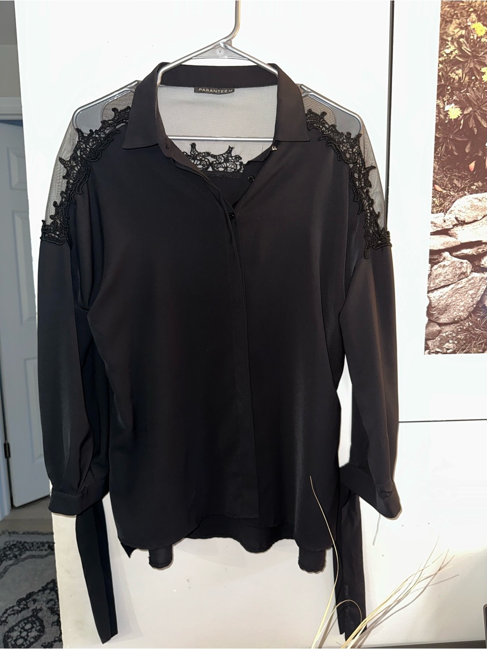 Paran Black Lace-Shoulder Button-Front Women’s Blouse